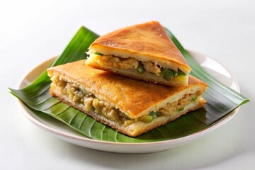 Martabak Telur (Indonesian: Stuffed Pancake or Pan Fried Bread) Indonesian Street Food on White Background