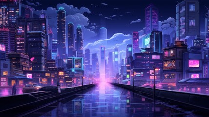 A cityscape with neon lights and a reflection of the city in the water