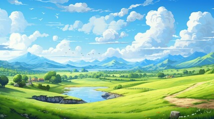 A beautiful landscape with a lake and mountains in the background