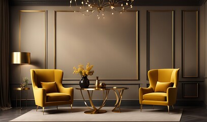 Luxury Premium Living Room with Mustard Armchairs and Brass Table - Modern Dark Interior Design