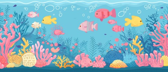 coral reefs teeming with diverse marine life beneath the ocean's surface illustration
