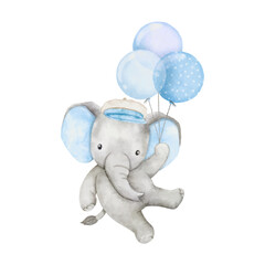 Watercolor baby elephant holding balloons. African baby animal for baby shower boy, nursery decorations, birthday invitations vector