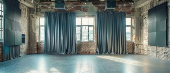 rustic industrial clean podcast room with curtains