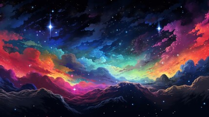 A colorful sky with a starry background