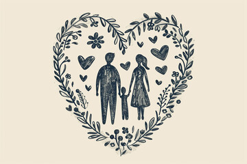 Fototapeta premium A family illustration enclosed in a heart-shaped floral frame, symbolizing love, unity, and togetherness.