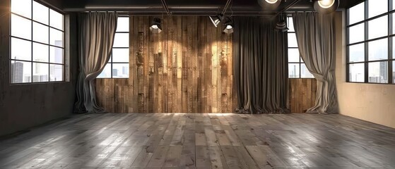 rustic industrial clean podcast room with curtains