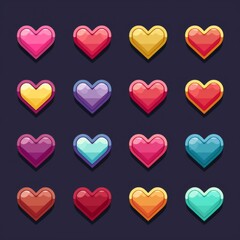 A collection of colorful hearts in various shades of red, pink, and purple