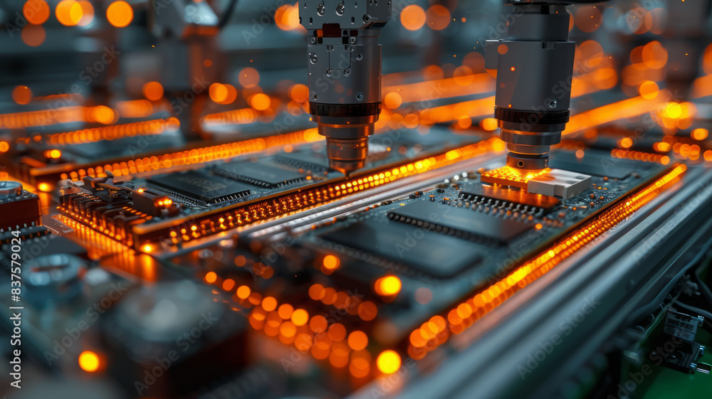 Aufkleber high-precision robot arms automate pcb assembly in modern electronics factory.generative ai