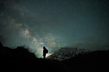 Fototapeta premium Stargazing Human in Universe, a boy under milky way, Himalayas, Stars, mountain, snow, Lahaul, Himachal Pradesh, India, 