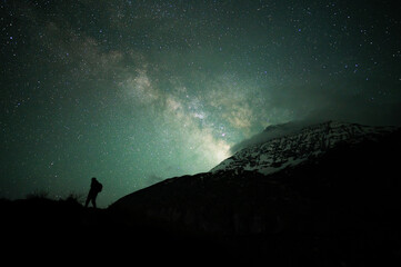Stargazing Human in  Universe, a boy under milky way, Himalayas, Stars, mountain, snow, Lahaul, Himachal Pradesh, India, 