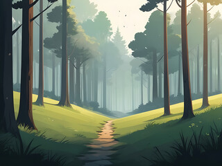 2d style minimalistic Forrest landscape with trees and grass, nature inspired  illustration
