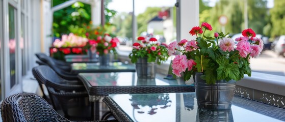 Summer terrace cafe with glass and metal tables and chairs, flower pots by the window