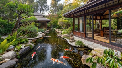 Fototapeta premium Japanese style garden with stream and koi pond