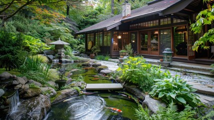 Japanese style garden with stream and koi pond