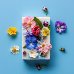 Natural handmade soap on a blue background. Soap with delicate spring flowers. Cosmetic product, skin care.