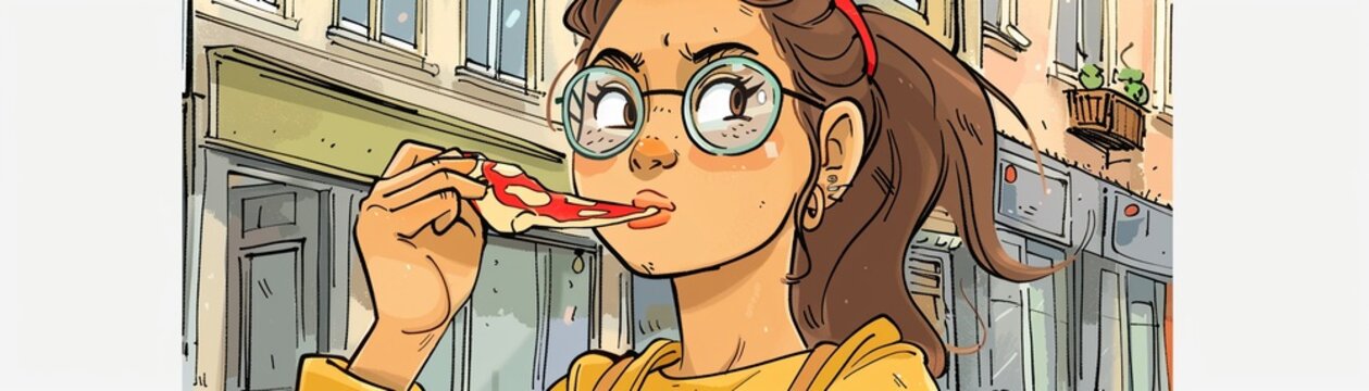 Carefree teenage girl, stylish outfit, enjoying a slice of pizza, joyful expression, trendy street background