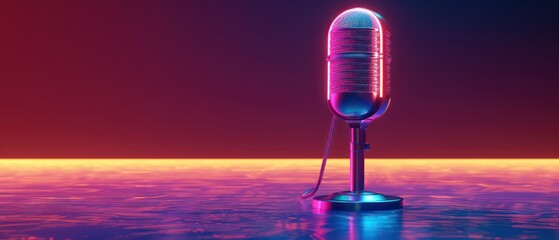 neon radio microphone setup in a table, digital gradient blends, light magenta and amber