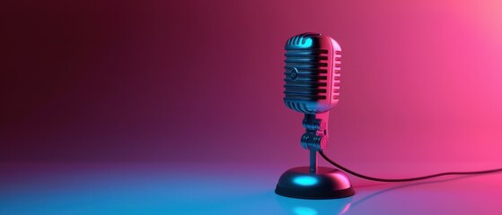 neon radio microphone setup in a table, digital gradient blends, light magenta and amber