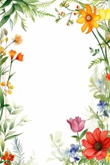 wildflower themed frame or border for photos and text. featuring a mix of colorful blooms and greenery.  white color background.