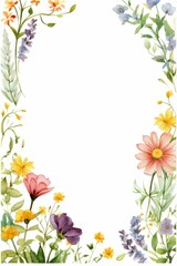 wildflower themed frame or border for photos and text. featuring a mix of colorful blooms and greenery.  white color background.