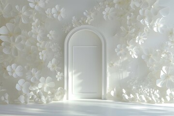 White paper flower arch backdrop with a door in the middle of the white wall, detail in the style of a fantasy, surrounded delicate flowers and plants installation art, white background. generative AI