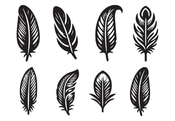 silhouette Feather Set icon type, distinct feather logo position, isolated on a white background