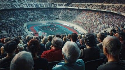 Spectators filling stadium seats before start of sporting event,  anticipation in the air
