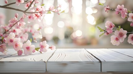 A white wooden table sits under a pink cherry tree.