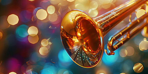 Obraz premium metallic trumpet with its bell open, blurred background with bokeh lights, generative AI
