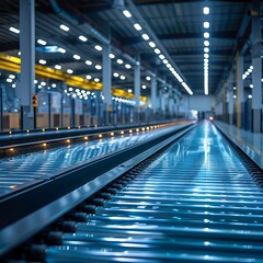 Naklejka premium Modern warehouses with automated conveyor belt sorting mechanisms with efficiently process parcels and prepare them for delivery