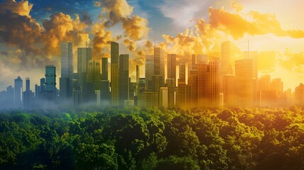 sunrise in the forest and city