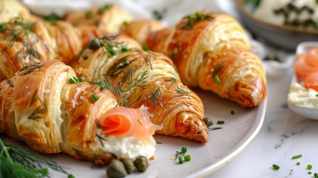 Elegant plate of smoked salmon croissants with cream cheese, garnished with fresh dill and capers, perfect for gourmet and brunch-themed visuals