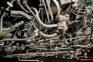 ジェットエンジンの複雑な配管構造
