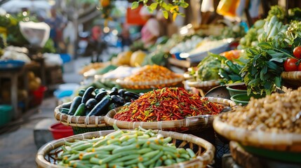 Fototapeta premium A vibrant and bustling Asian market, with an array of fresh produce, spices, and other goods on display.