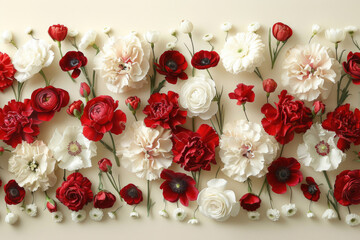 Romantic red and white flowers on a cream background