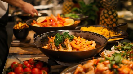 A delicious buffet of food, including shrimp, vegetables, and salads.
