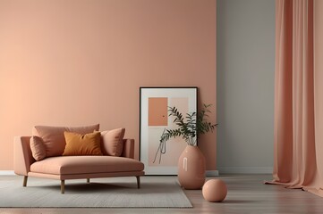 Peach fuzz ,empty room ,minimal interior livingroom. peach color paint wall. color of the year 2024 . Mockup background. 3d render