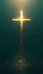 Naklejka premium minimalistic cross on the top of an abstract background, simple golden lines on dark green