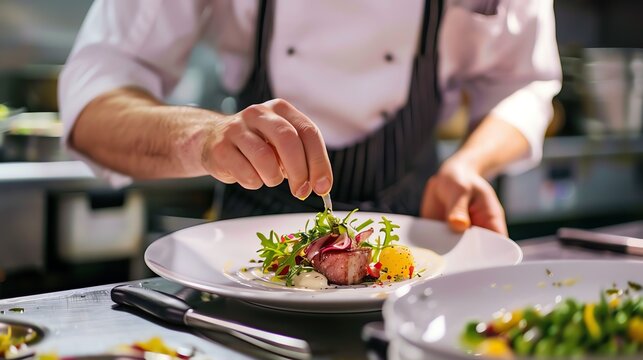 A chef carefully adding finishing touches to a plate of food, adding garnish for presentation.