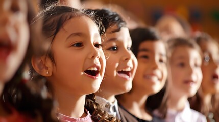 A group of diverse children singing in a choir. They are all smiling and look happy. The background is out of focus and is a warm, inviting color.