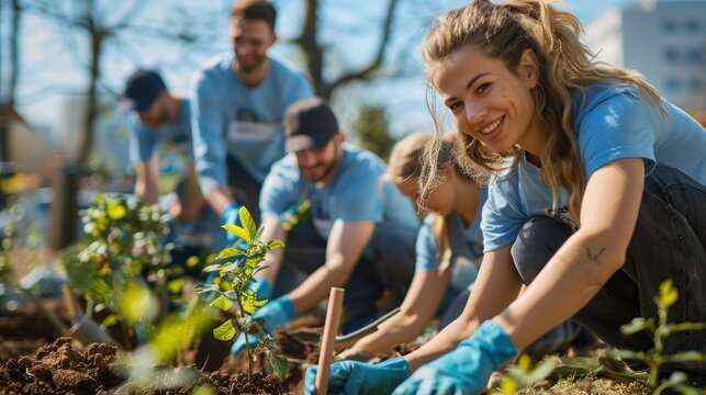 Group of Employees Volunteering in Community Cleanup Effort Concept Illustrating Social Responsibility Component of ESG Principles.