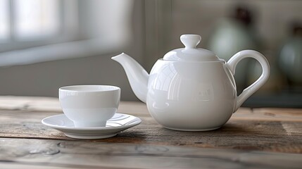 Fototapeta premium White Ceramic Teapot White ceramic teapot with a single cup on a wooden table, minimalism, easy on the eyes, calming effect