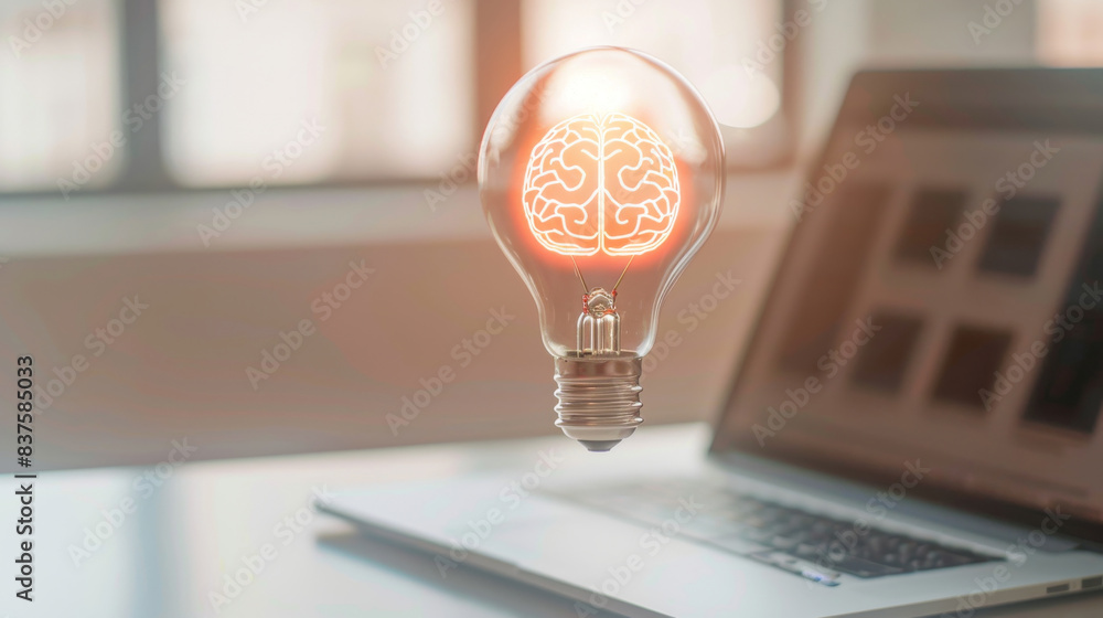 Poster glowing light bulb with a brain inside of it and a laptop computer, concept of solution and creative