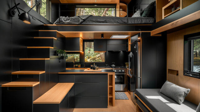 Luxury black tiny house with a bed, a couch, and a kitchen, modern interior design