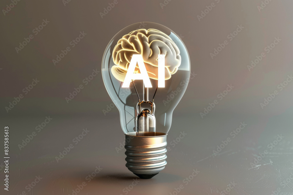 Poster a light bulb with a brain inside of it and the word ai on grey background. concept of artificial int