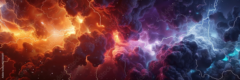 Wall mural 3d rendering of colorful nebula with clouds and lightning, fantasy space background