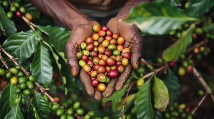 Close-up of a farmer's hands holding a handful of coffee beans.