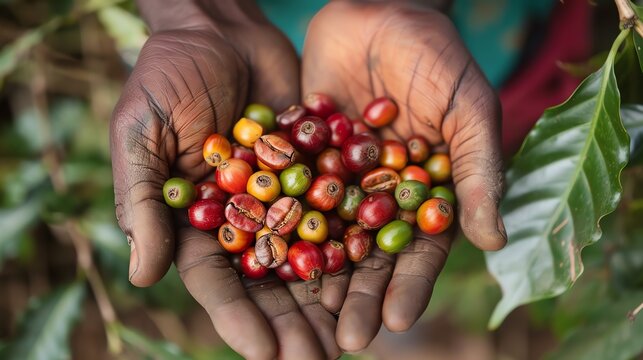 Close-up of a handful of colorful coffee beans in a farmer's hands.