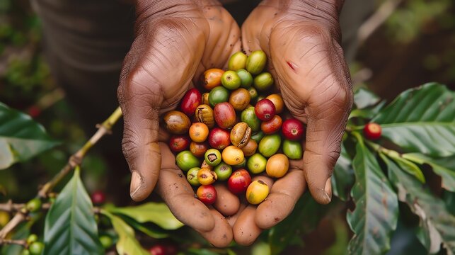 A farmer holds a handful of coffee beans in their hand. The beans are a mix of red, green, and yellow, and they are covered in a thin layer of dust.