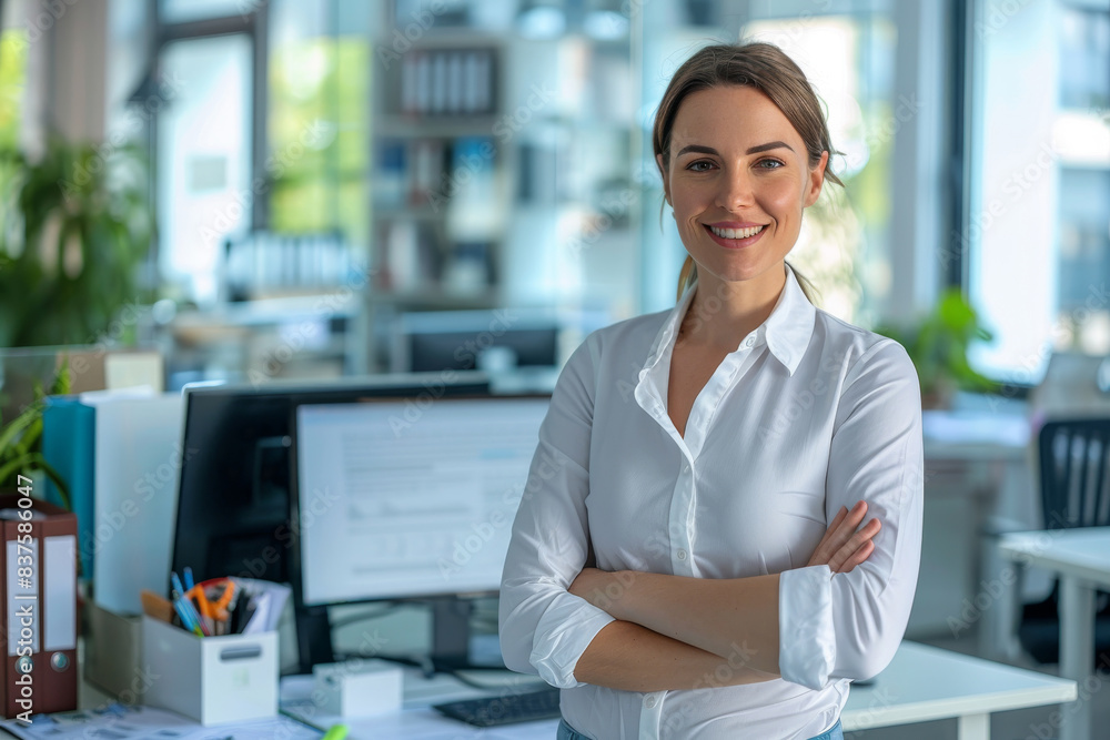 Poster a businesswoman is smiling and standing in front of a desk with a computer monitor at office